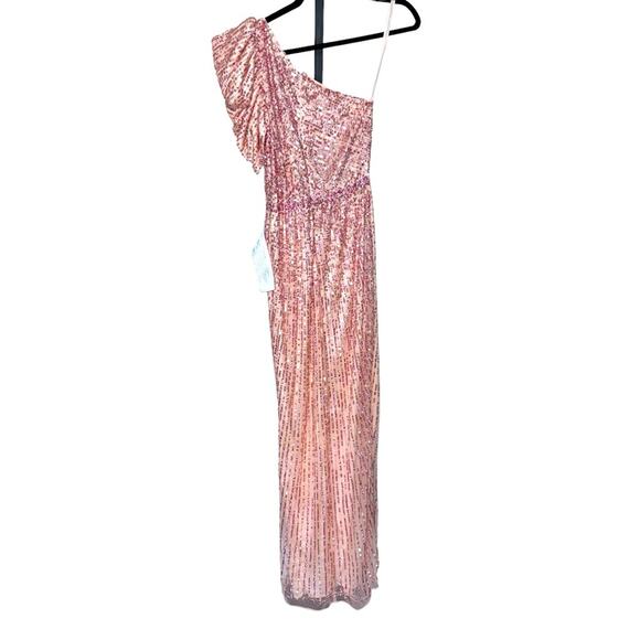 NWT MAC DUGGAL Apricot Sequin Embellished Puff One Shoulder Maxi Gown Women’s - Picture 8 of 12